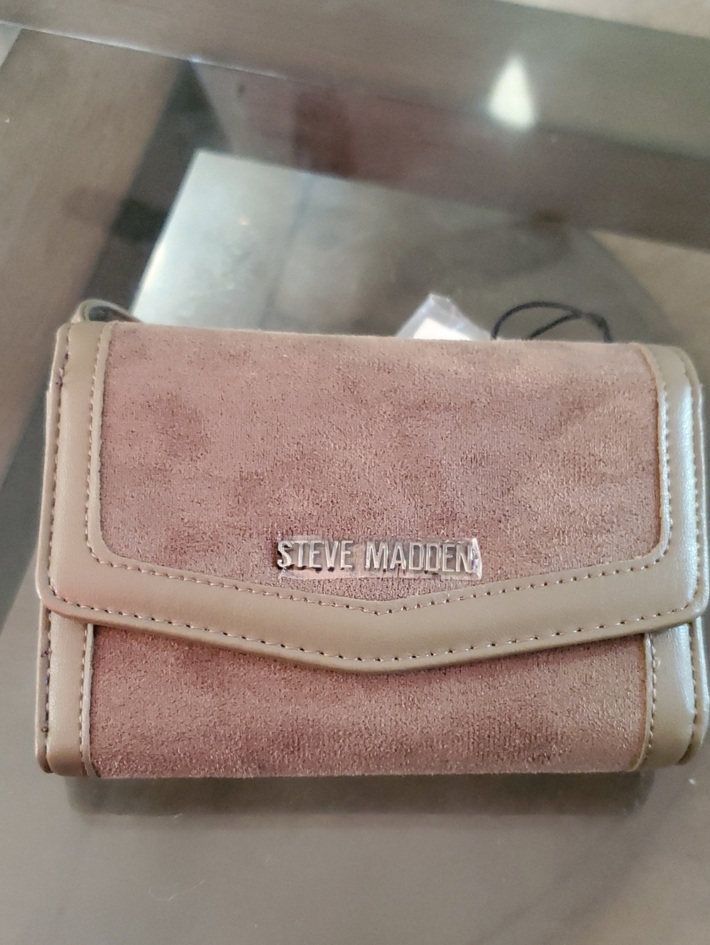 Steve Madden Blush Suede Trifold Wallet with Cream Trim